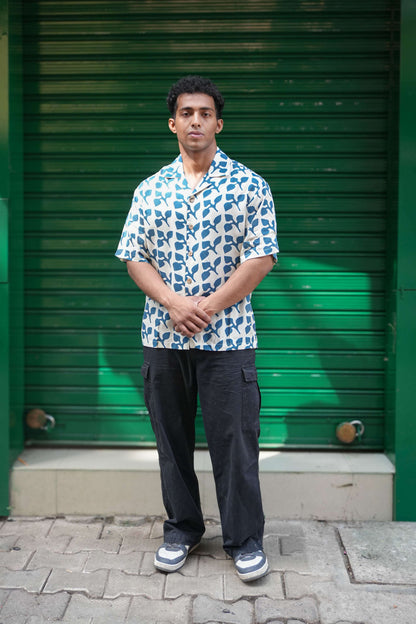 Indigo blue printed viscose shirt for men, front view