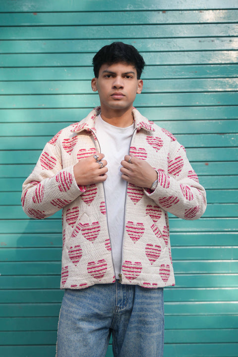 Pink and red cotton jacquard jacket for men with woven heart motifs, front view