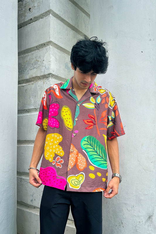 Brown printed viscose shirt for men, front view