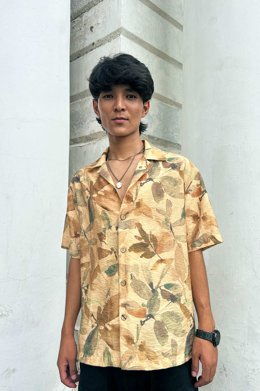 Golden beige viscose shirt for men, front view