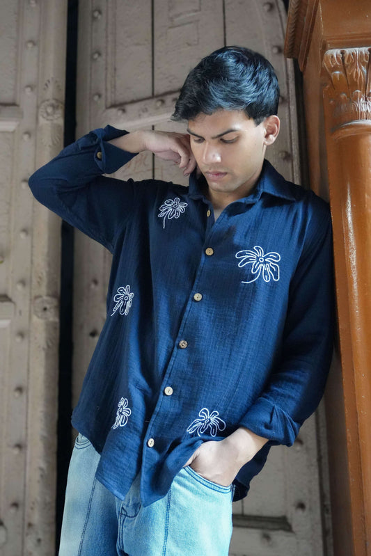 Navy blue double cloth cotton shirt for men with aari hand embroidered floral motifs, front view