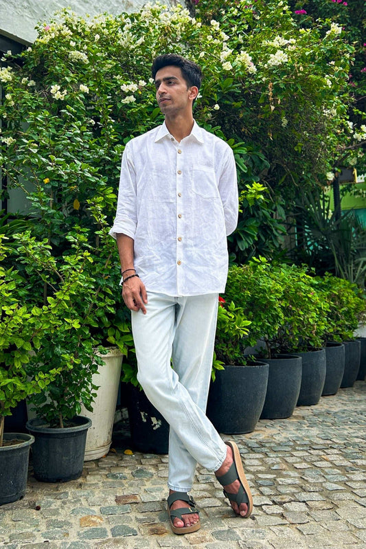 White pure linen shirt for men, full-length view