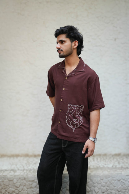 Brown modal viscose shirt for men with hand embroidered tiger motif, three-quarter view