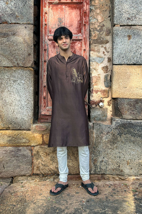 Brown Chanderi silk kurta for men with hand embroidered sitar motif, full-length view