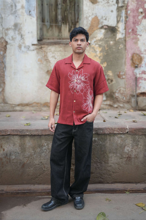 Red double cloth cotton shirt for men with multi-technique floral hand embroidery, full-length view