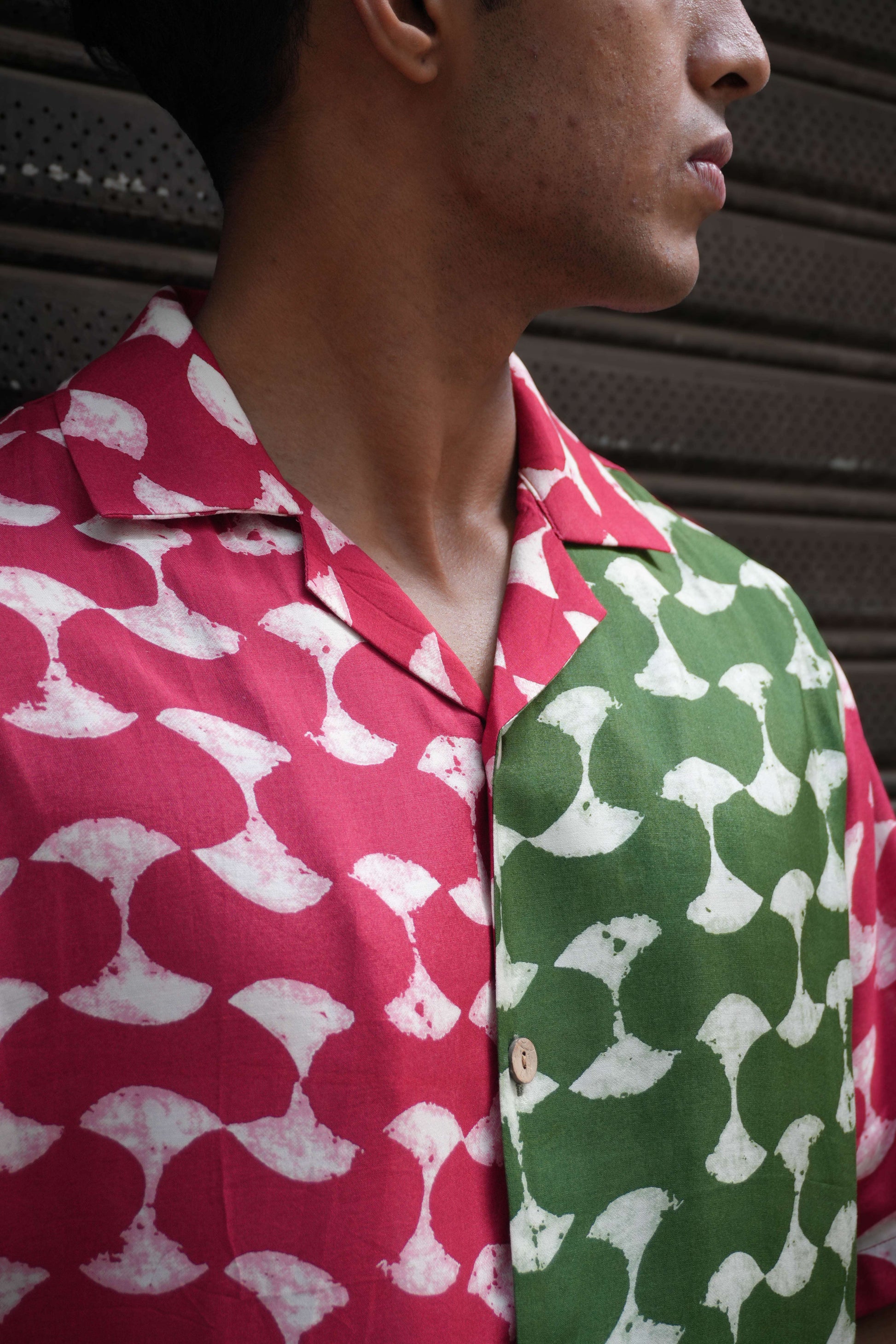 Close-up of the two-tone hand block style print, Red and green printed viscose men's shirt