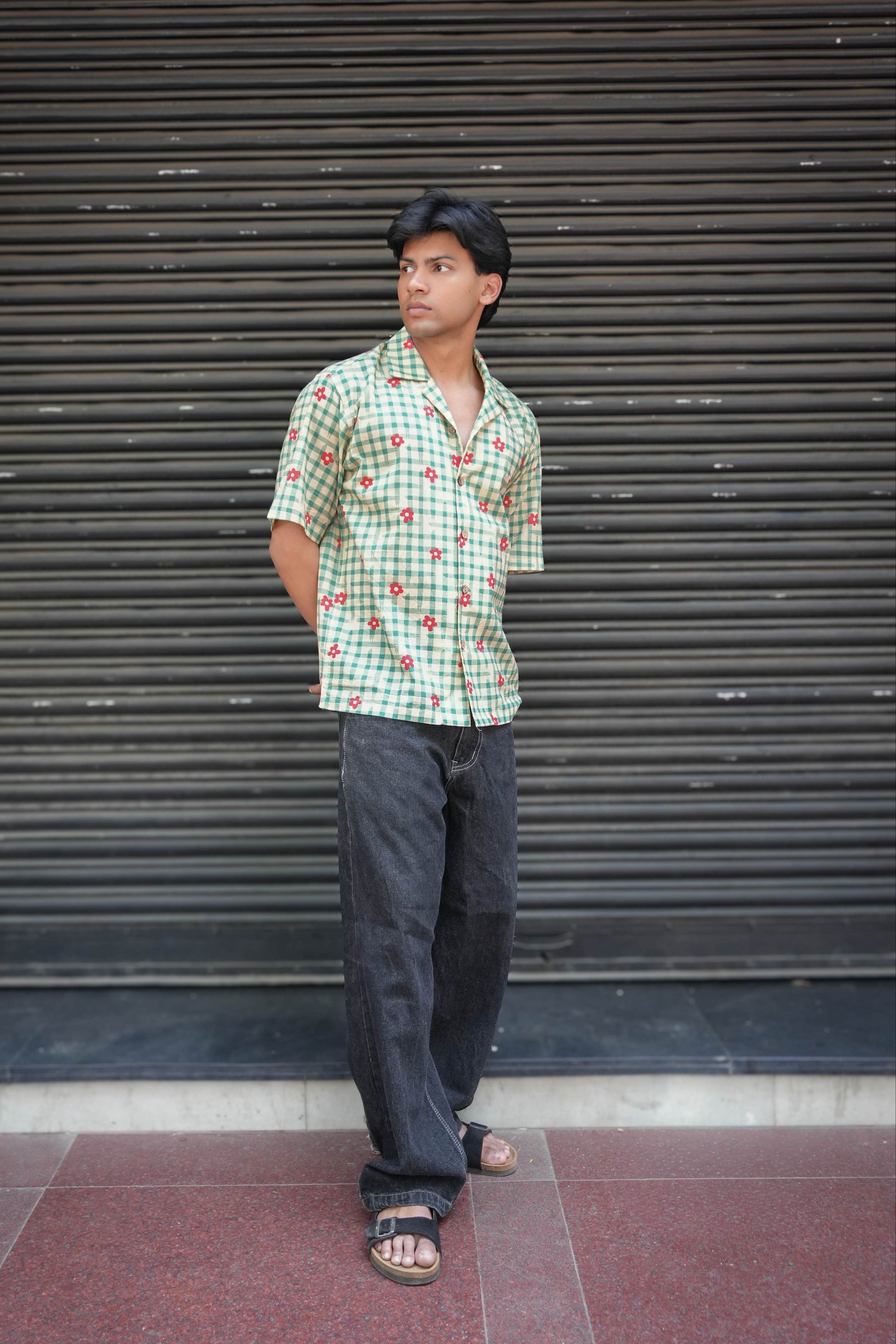 Green checks cotton shirt for men with printed floral motifs, full-length view