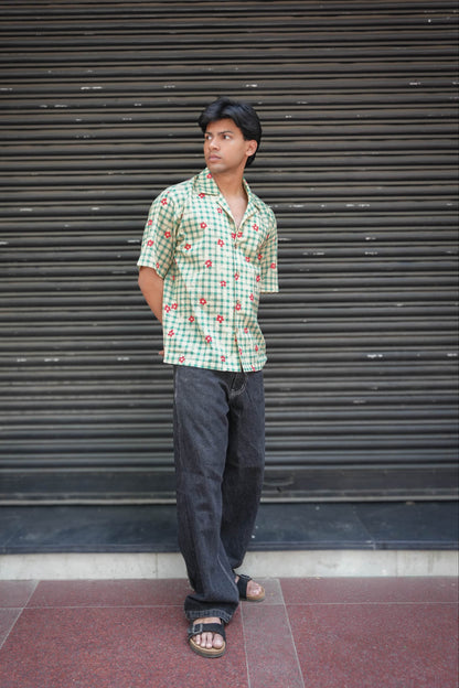 Green checks cotton shirt for men with printed floral motifs, full-length view