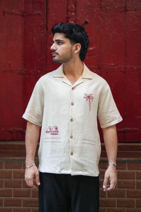 Beige double cloth cotton shirt for men with aari embroidered palm tree and waves, three-quarter view