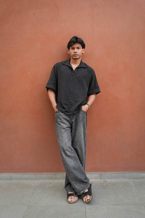 Black double cloth cotton popover shirt for men, full-length view