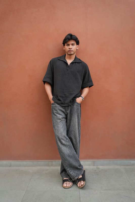 Black double cloth cotton popover shirt for men, full-length view