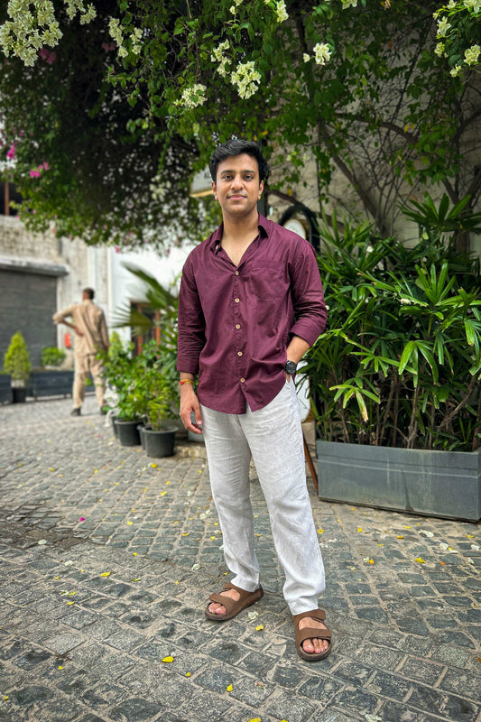 Deep wine pure cotton shirt for men, full-length view