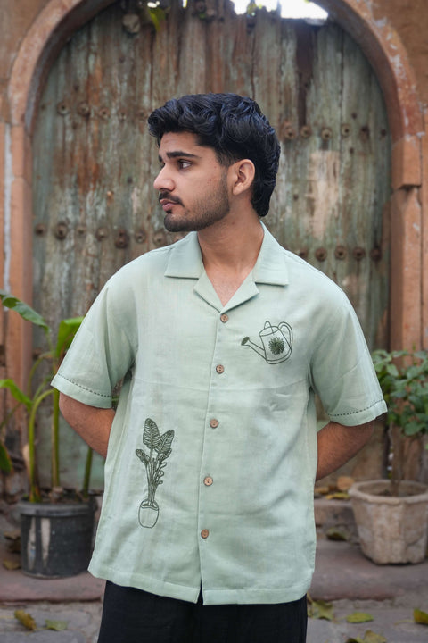 Sage green double cloth cotton shirt for men with aari hand embroidered garden motifs, front view, Munnar Embroidered Shirt