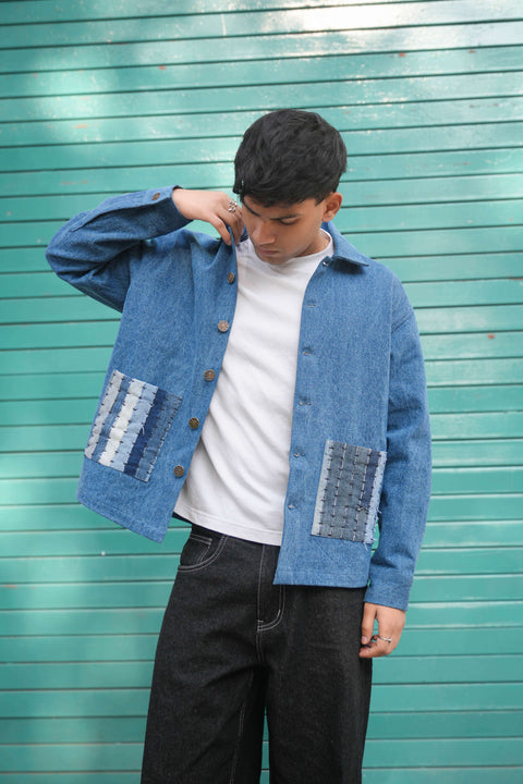 Blue denim jacket for men with patchwork pockets, front view, Amsterdam Denim Jacket by Oje'