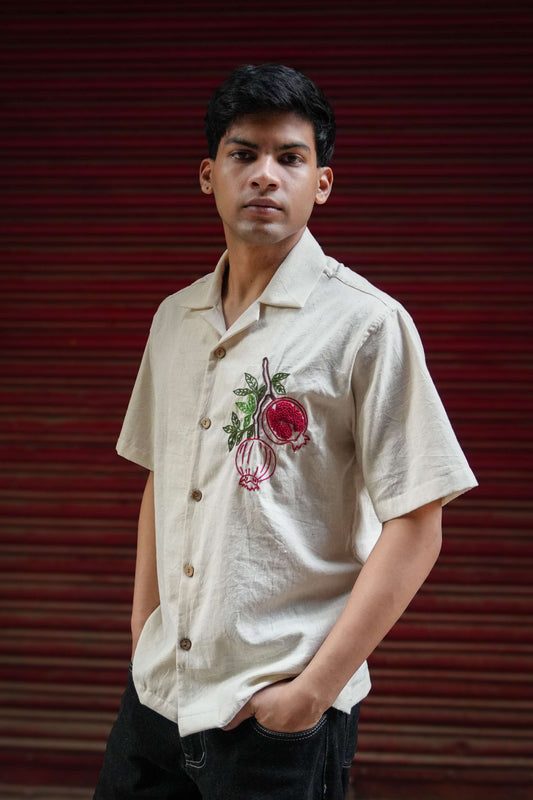 Ivory handloom cotton shirt for men with hand embroidered pomegranate motif, front view