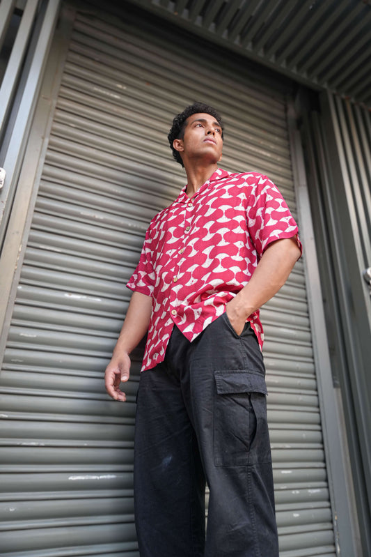 Red printed viscose shirt for men, low-angle view