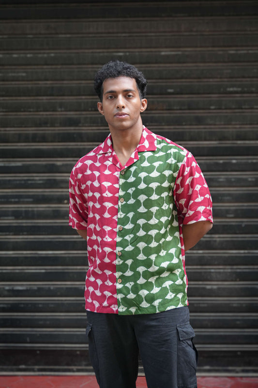 Red and green printed viscose shirt for men, front view