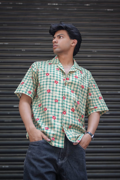 Green checks cotton shirt for men with printed floral motifs, three-quarter view, Nashik Checks Shirt by Oje'