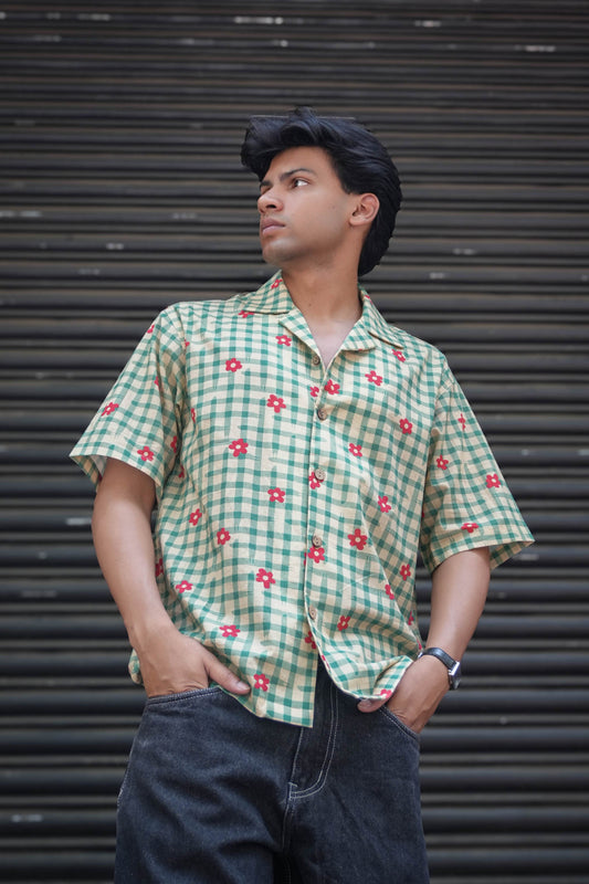 Green checks cotton shirt for men with printed floral motifs, three-quarter view, Nashik Checks Shirt by Oje'