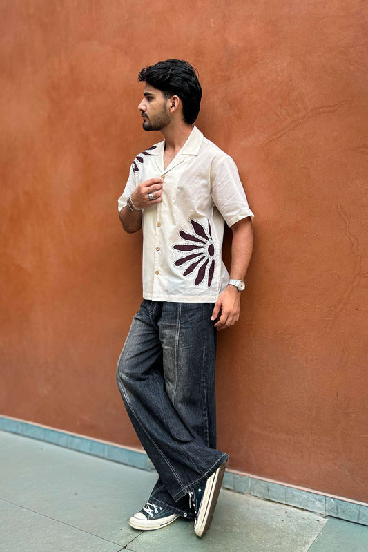 Ivory cotton shirt for men with floral hand appliqué, full-length view
