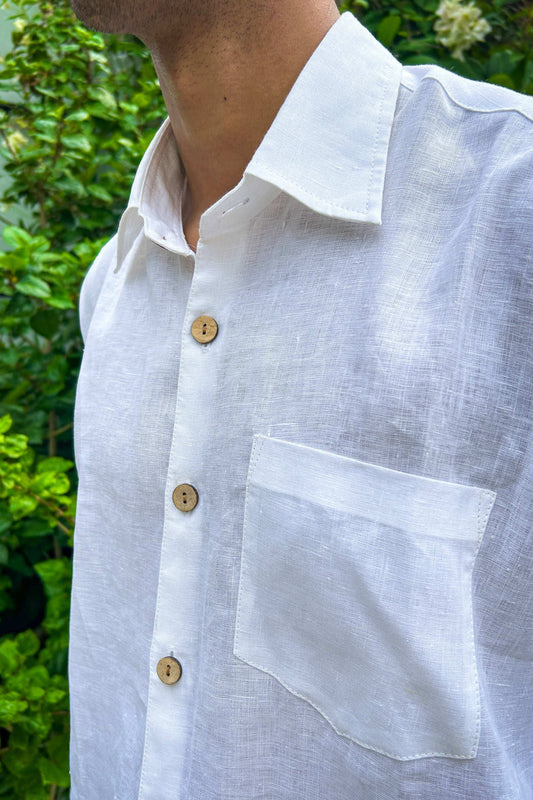 Close-up of the placket and chest pocket, White pure linen men's shirt