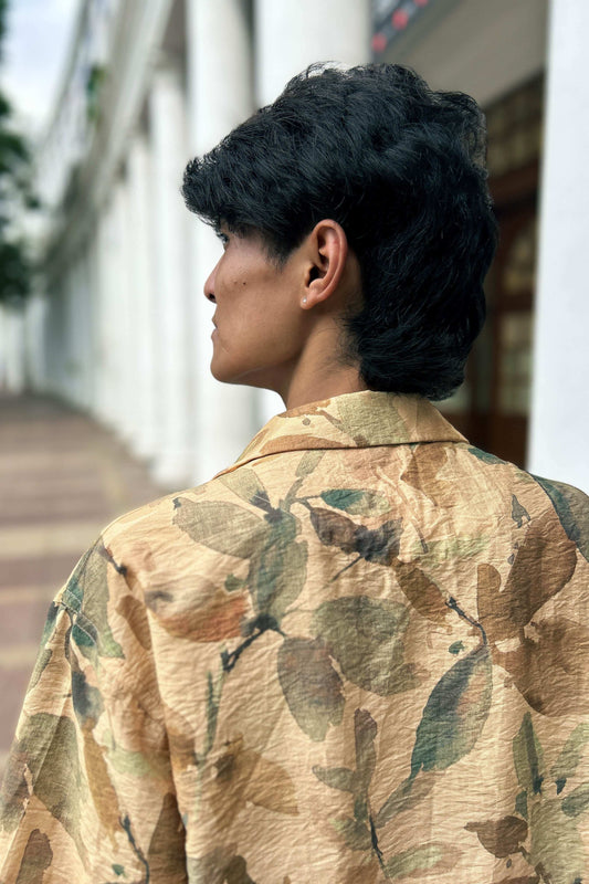 Close-up of the watercolour leaf print, Golden beige viscose men's shirt