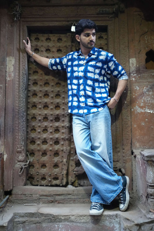 Indigo blue printed cotton viscose shirt for men, full-length view