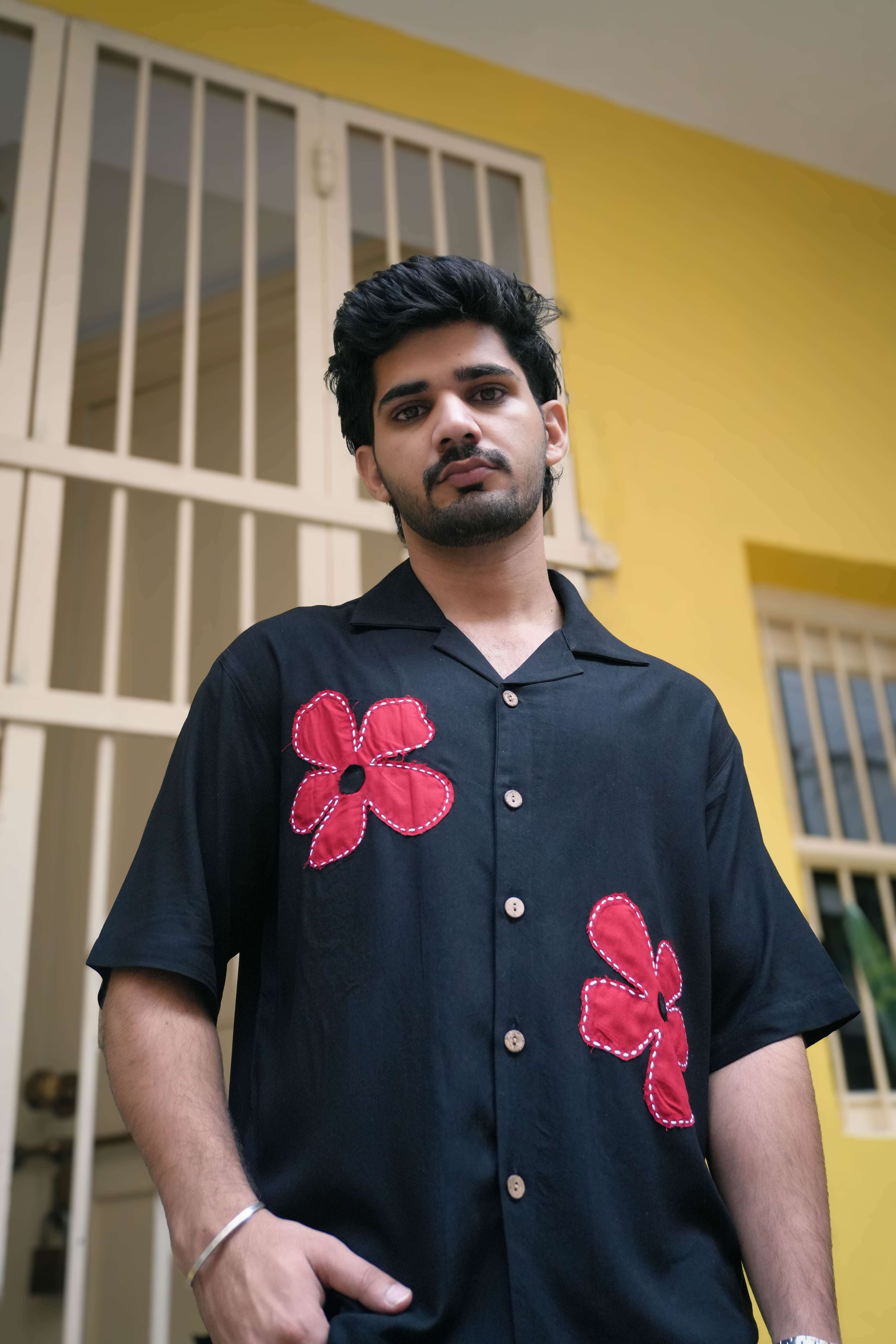 Buy Tbilisi Hand Appliqué Men's Shirt | Black Modal Relaxed Fit