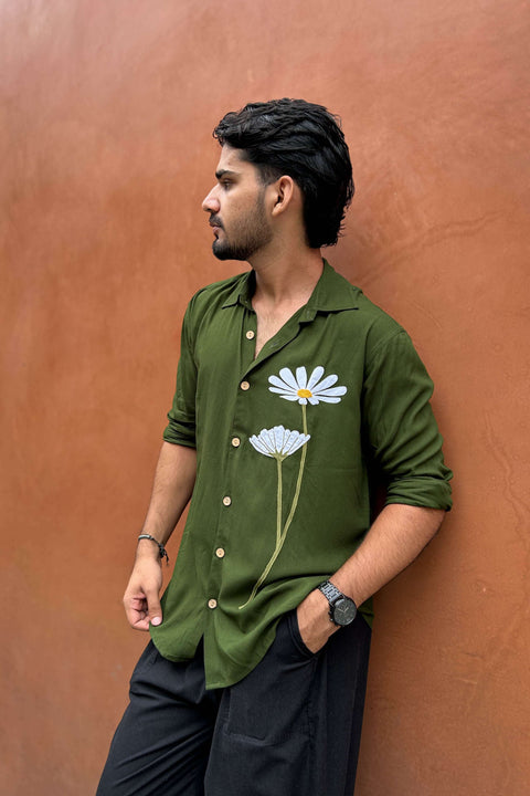 Olive green modal shirt for men with white floral hand appliqué, side view, Srinagar Applique Shirt by Oje'