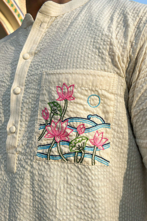 Close-up of the lotus pond embroidery on the pocket, Ivory cotton men's kurta