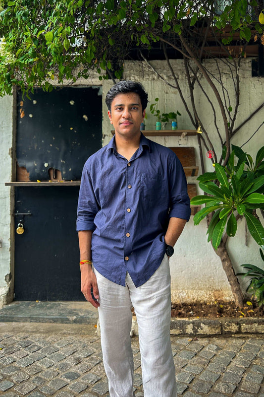 Midnight blue pure cotton shirt for men, front view