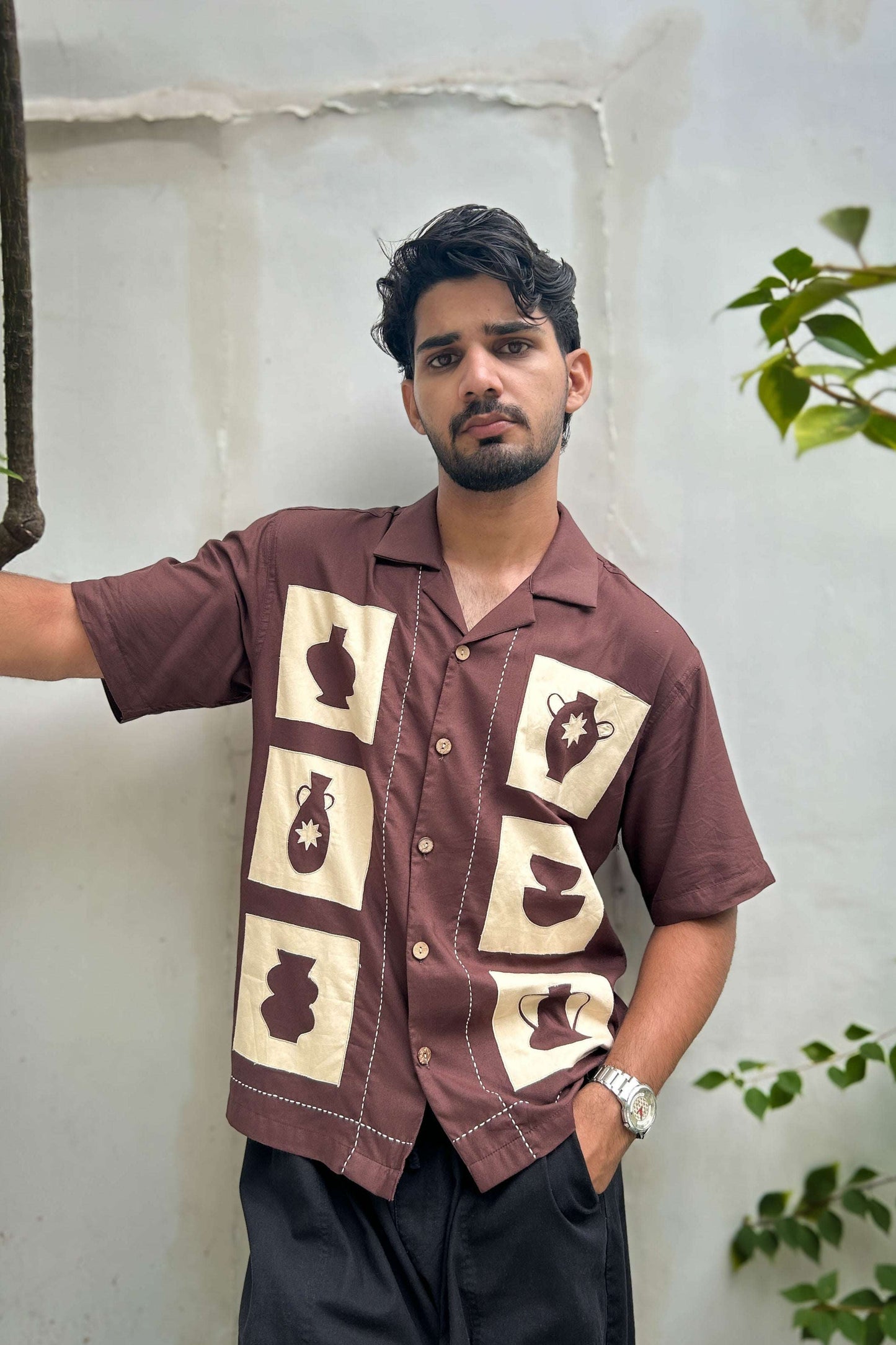 Brown modal shirt for men with pottery appliqué motifs, front view, Ajanta Applique Shirt by Oje'