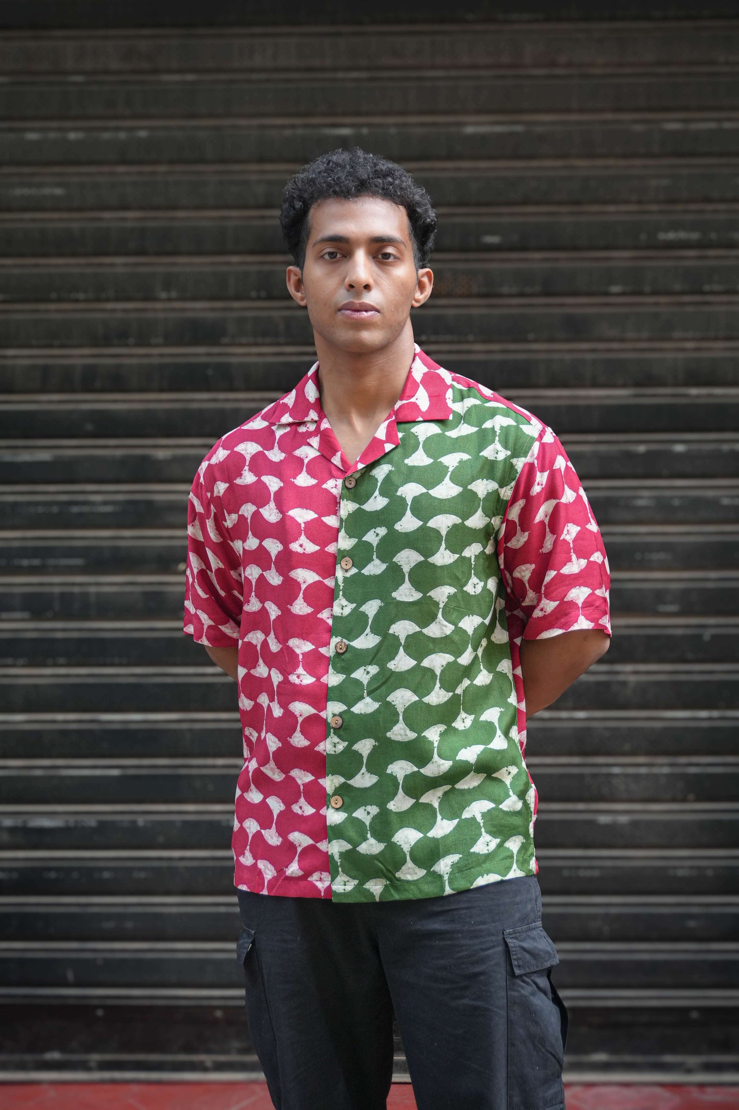 Red and green printed viscose shirt for men, front view