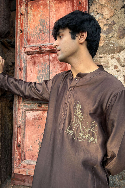 Brown Chanderi silk kurta for men with hand embroidered sitar motif, side view
