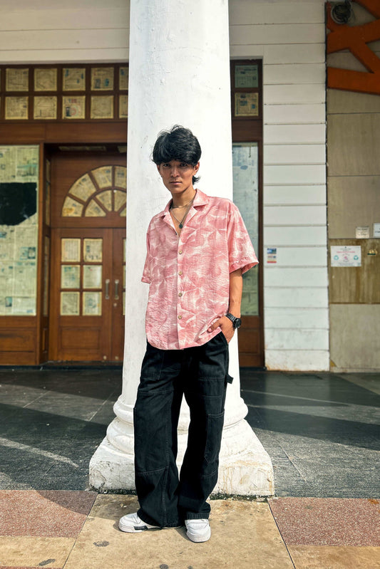 Blush pink viscose shirt for men, full-length view