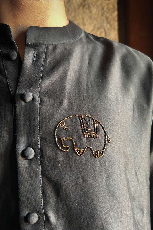 Close-up of the elephant motif and Chanderi silk buttons, Black Chanderi silk men's kurta