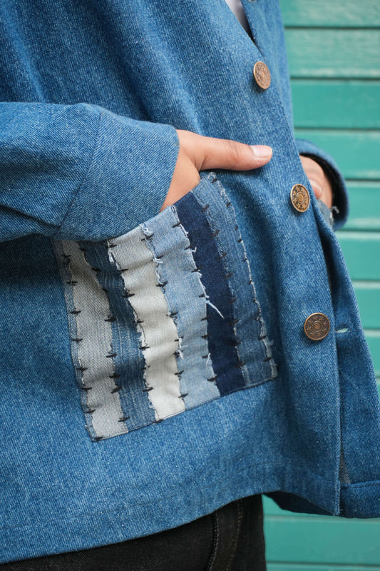 Close-up of the kantha patchwork pocket, Blue denim men's jacket