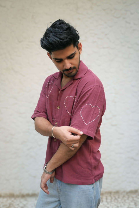 Mauve pink double cloth cotton shirt for men with kantha hand embroidered heart motifs, front view