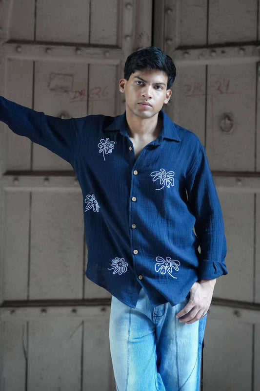 Navy blue double cloth cotton shirt for men with aari hand embroidered floral motifs, front view