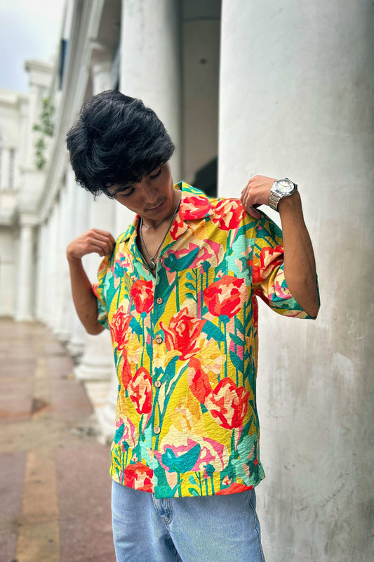 Green rose printed viscose shirt for men, front view