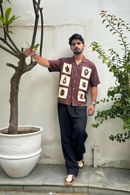 Brown modal shirt for men with pottery appliqué motifs, full-length view
