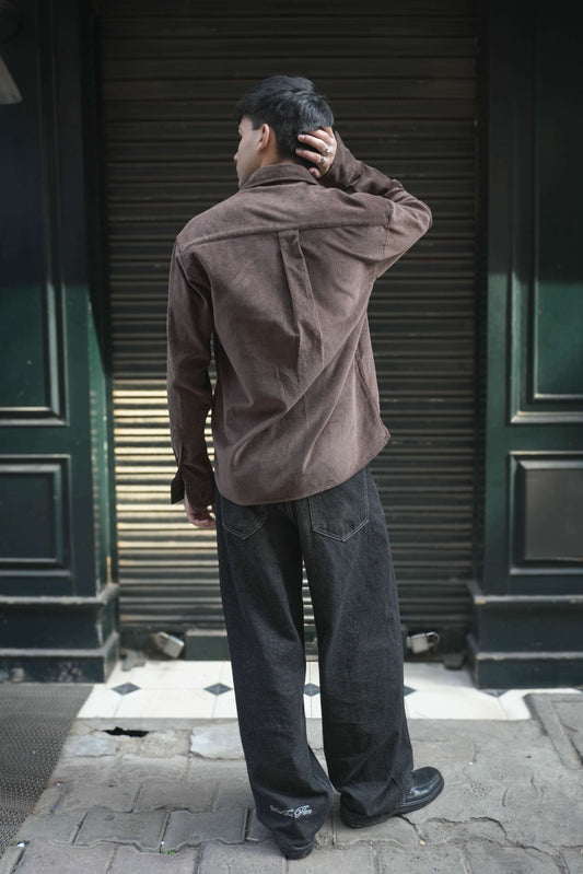 Back view of Brown corduroy men's shirt showing the relaxed drape