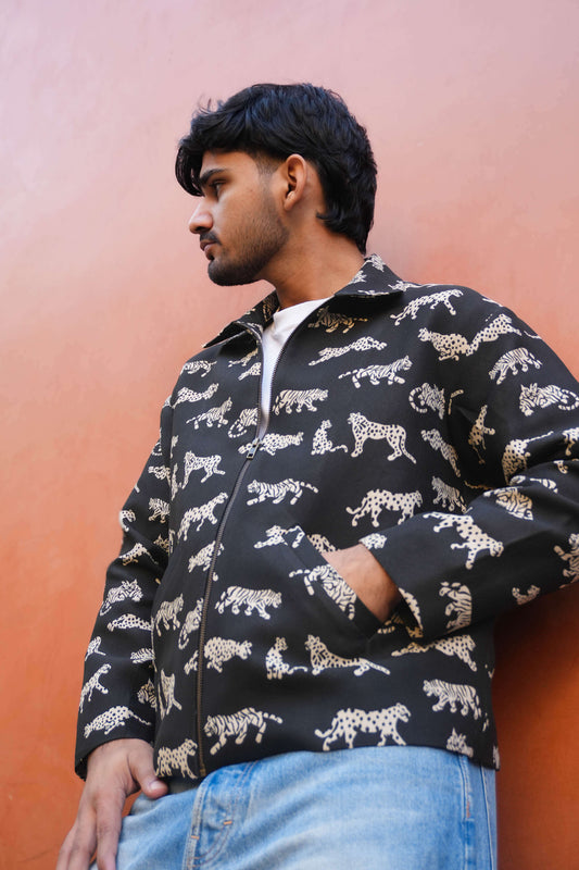 Black jacquard jacket for men with woven leopard motifs, side view