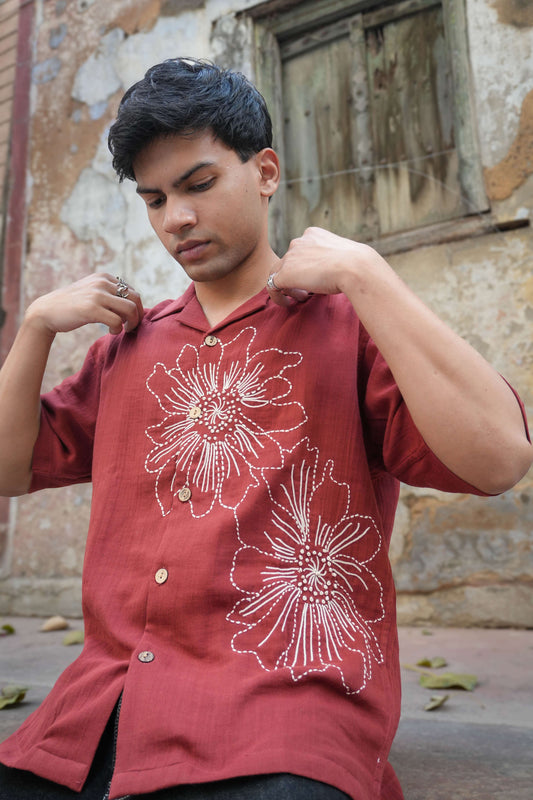 Red double cloth cotton shirt for men with multi-technique floral hand embroidery, front view