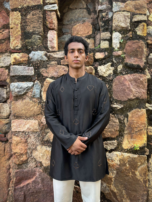 Black Chanderi silk kurta for men with hand embroidered playing card motifs, front view