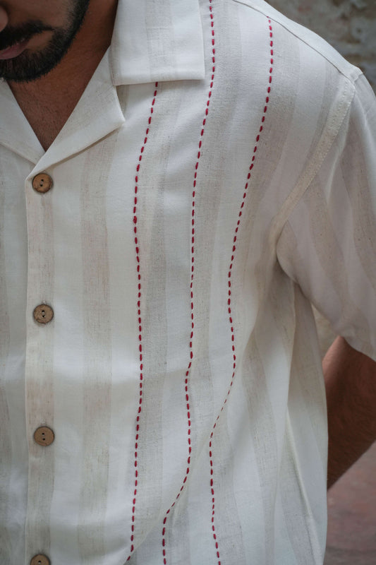 Close-up of the kantha embroidered stripes, Ivory cotton viscose men's shirt
