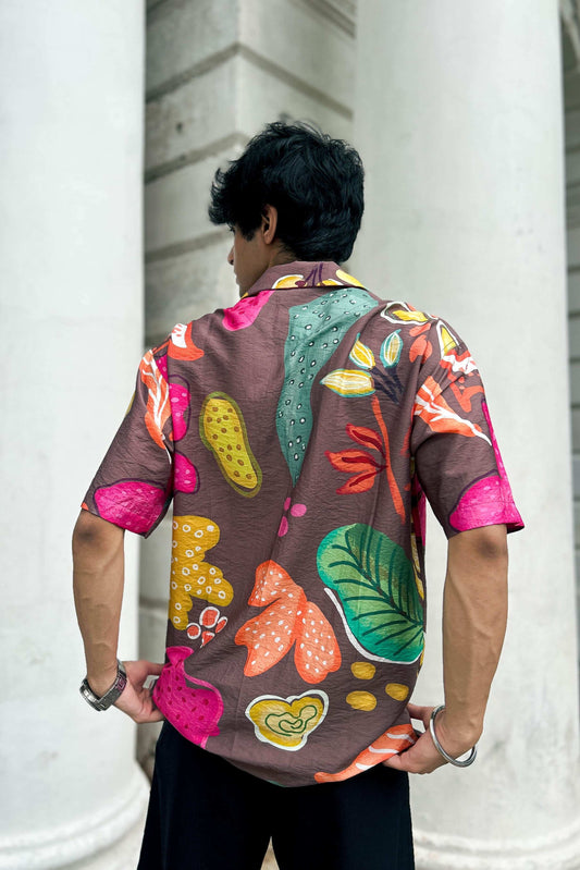 Back view of Brown printed viscose men's shirt showing the relaxed drape
