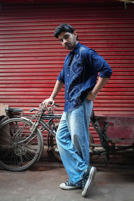 Navy blue cotton shirt for men with kantha hand embroidered motifs, full-length view