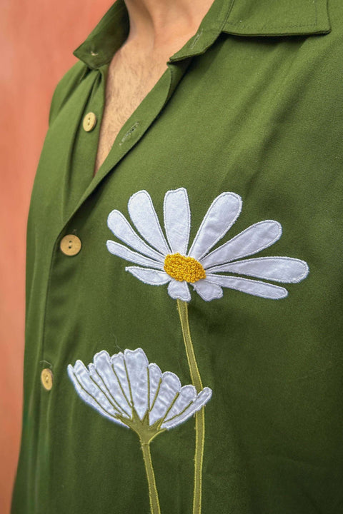 Close-up of the white floral appliqué on the chest, Olive green modal men's shirt