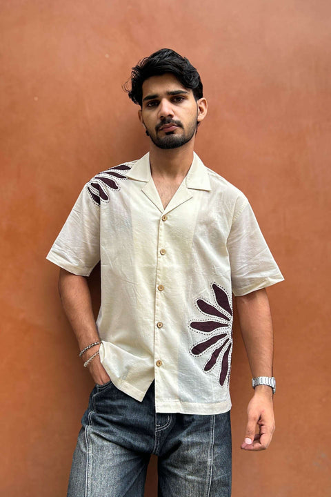 Ivory cotton shirt for men with floral hand appliqué, front view, Ooty Applique Shirt by Oje'